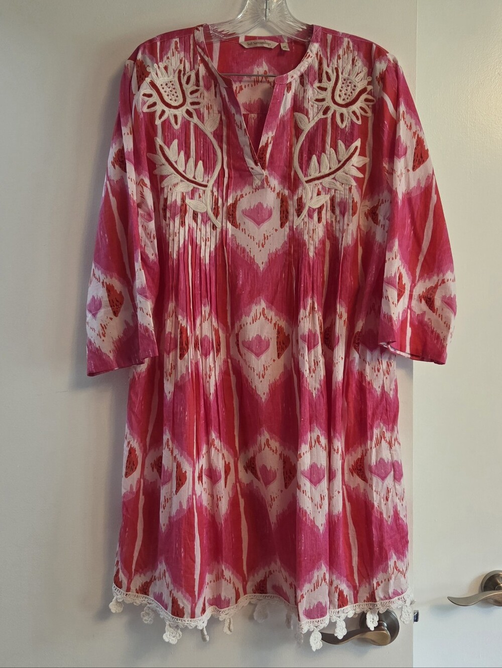 SOFT SURROUNDINGS Ikat Embroidered Beaded Fuschia Tunic Dress Petite Extra Large